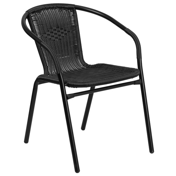 Clear/Black |#| 28inch SQ Glass Metal Table w/ Black Rattan Edging & 4 Black Rattan Stack Chairs