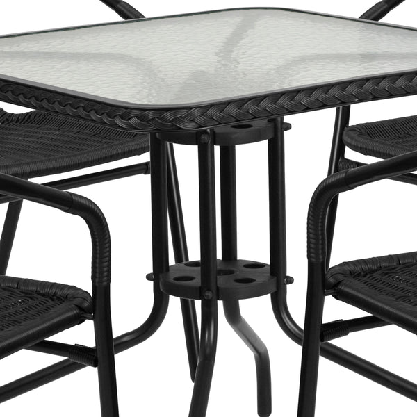 Clear/Black |#| 28inch SQ Glass Metal Table w/ Black Rattan Edging & 4 Black Rattan Stack Chairs