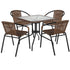 Barker 28'' Square Glass Metal Table with Rattan Edging and 4 Rattan Stack Chairs