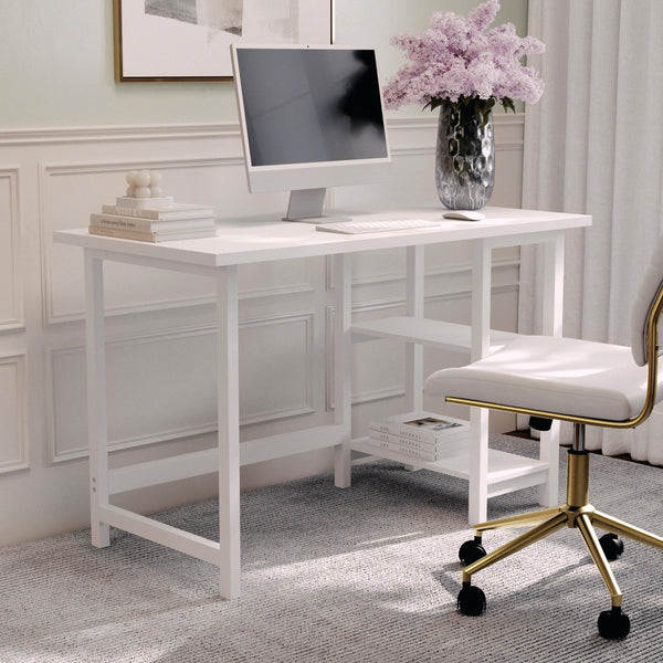 White Wood Grain |#| Modern Trestle Desk with Open Side Shelving in White Wood Grain