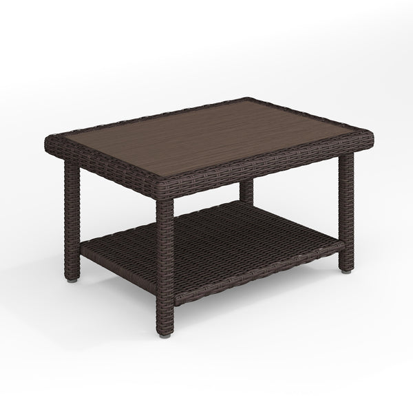 Brown |#| Outdoor Rattan Wicker Patio Coffee Table with Engineered Wood Top - Brown