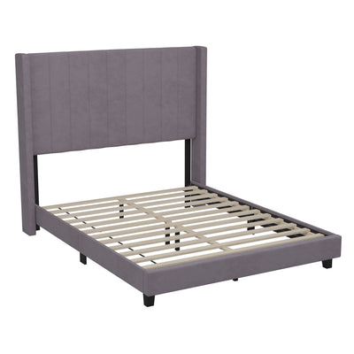 Bianca Upholstered Platform Bed with Vertical Stitched Wingback Headboard, Slatted Mattress Foundation, No Box Spring Needed - View 1
