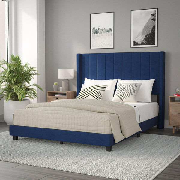 Navy Velvet,Queen |#| Queen Size Upholstered Platform Bed with Wingback Headboard - Navy Velvet