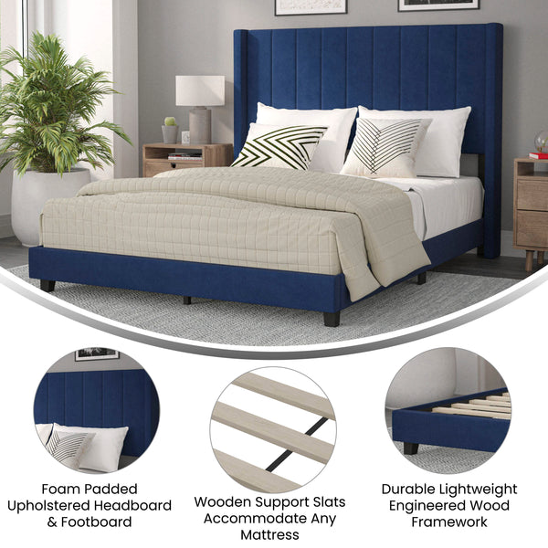 Navy Velvet,Queen |#| Queen Size Upholstered Platform Bed with Wingback Headboard - Navy Velvet