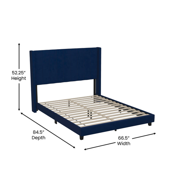 Navy Velvet,Queen |#| Queen Size Upholstered Platform Bed with Wingback Headboard - Navy Velvet