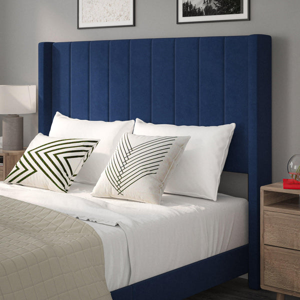 Navy Velvet,Queen |#| Queen Size Upholstered Platform Bed with Wingback Headboard - Navy Velvet