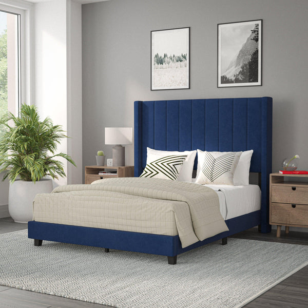 Navy Velvet,Full |#| Full Size Upholstered Platform Bed with Wingback Headboard - Navy Velvet