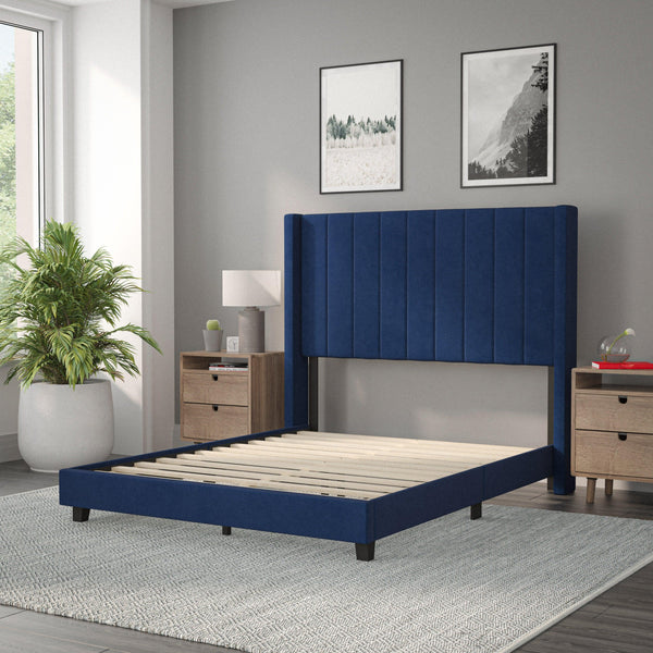 Navy Velvet,Full |#| Full Size Upholstered Platform Bed with Wingback Headboard - Navy Velvet