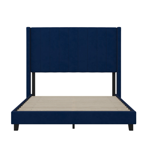 Navy Velvet,Full |#| Full Size Upholstered Platform Bed with Wingback Headboard - Navy Velvet