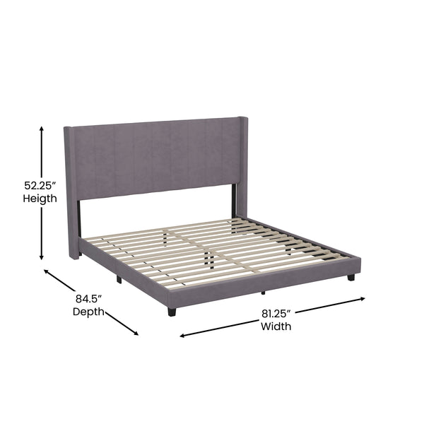 Gray Velvet,King |#| King Size Upholstered Platform Bed with Wingback Headboard - Gray Velvet