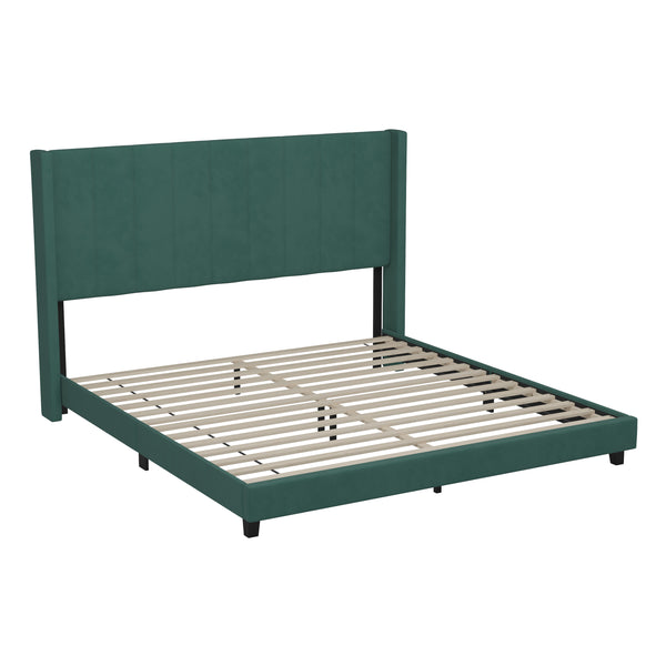 Emerald Velvet,King |#| King Size Upholstered Platform Bed with Wingback Headboard - Emerald Velvet