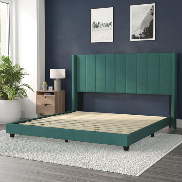 Emerald Velvet,King |#| King Size Upholstered Platform Bed with Wingback Headboard - Emerald Velvet