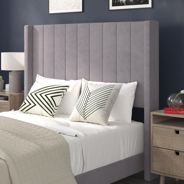 Gray Velvet,Full |#| Full Size Upholstered Platform Bed with Wingback Headboard - Gray Velvet