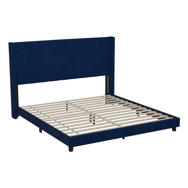 Navy Velvet,King |#| King Size Upholstered Platform Bed with Wingback Headboard - Navy Velvet