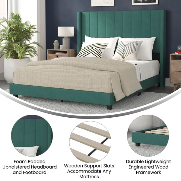 Emerald Velvet,Queen |#| Queen Size Upholstered Platform Bed with Wingback Headboard - Emerald Velvet