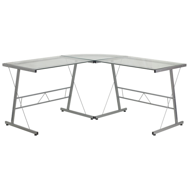 Clear Top/Silver Frame |#| L-Shaped Corner Gaming Desk with Clear Tempered Glass Top & Silver Steel Frame