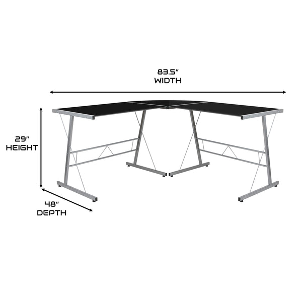 Black Top/Silver Frame |#| L-Shaped Corner Gaming Desk with Black Tempered Glass Top & Silver Steel Frame