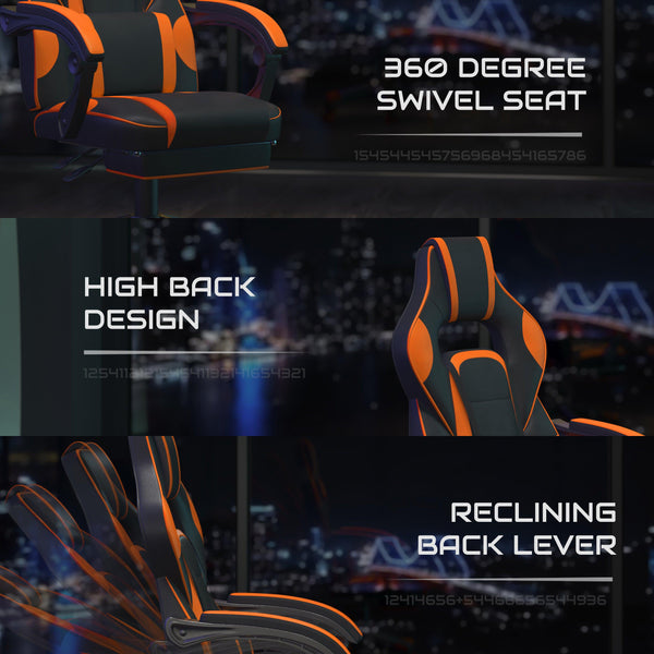 Black with Orange Trim |#| Fully Reclining Gaming Chair with Slideout Footrest, Lumbar Massage-Black/Orange