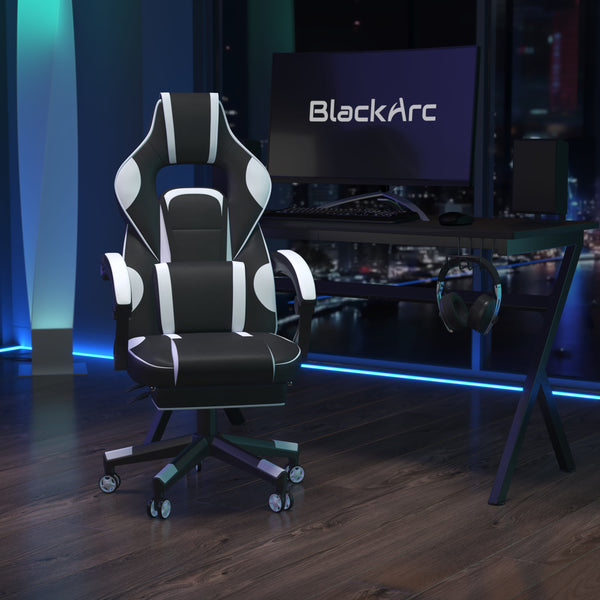 Black with White Trim |#| Fully Reclining Gaming Chair with Slideout Footrest, Lumbar Massage-Black/White