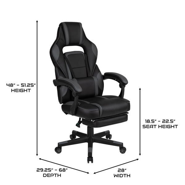 Black with Gray Trim |#| Fully Reclining Gaming Chair with Slideout Footrest, Lumbar Massage-Black/Gray