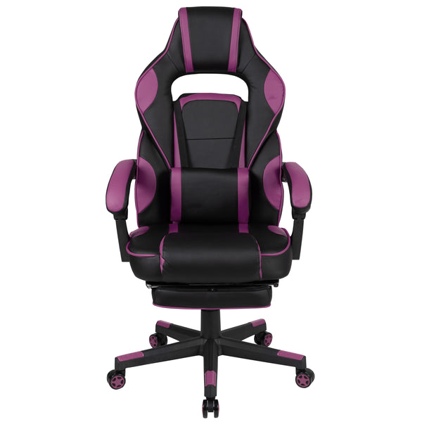 Black with Purple Trim |#| Fully Reclining Gaming Chair with Slideout Footrest, Lumbar Massage-Black/Purple