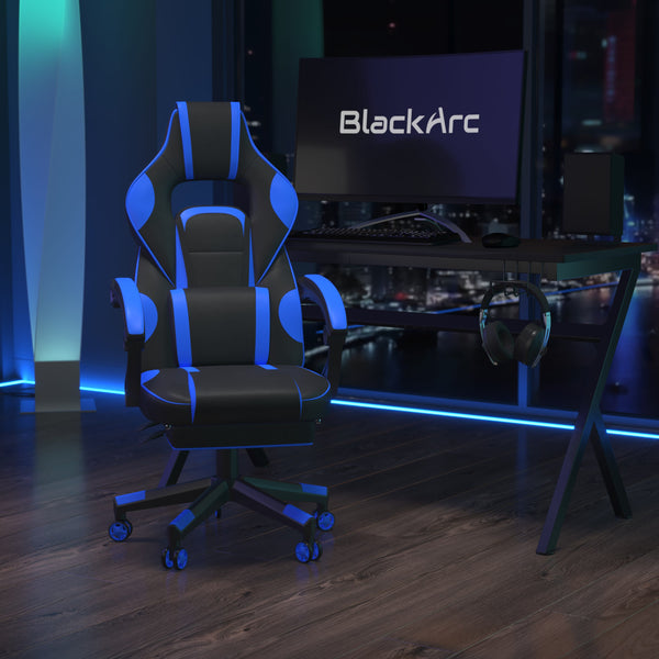 Black with Blue Trim |#| Fully Reclining Gaming Chair with Slideout Footrest, Lumbar Massage-Black/Blue