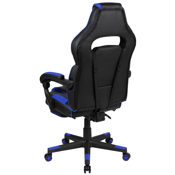 Black with Blue Trim |#| Fully Reclining Gaming Chair with Slideout Footrest, Lumbar Massage-Black/Blue