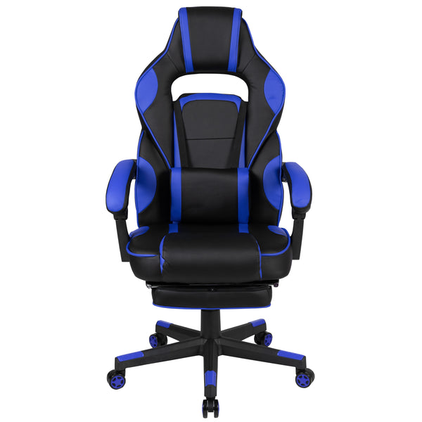 Black with Blue Trim |#| Fully Reclining Gaming Chair with Slideout Footrest, Lumbar Massage-Black/Blue