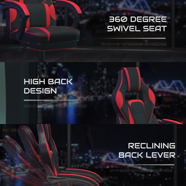 Black with Red Trim |#| Fully Reclining Gaming Chair with Slideout Footrest, Lumbar Massage-Black/Red