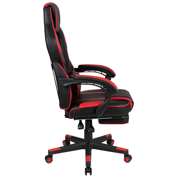 Black with Red Trim |#| Fully Reclining Gaming Chair with Slideout Footrest, Lumbar Massage-Black/Red