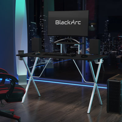 BlackArc Division X Gaming Desk with Laminate Top and Steel Frame - Detachable Cupholder, Headphone Hook & Smartphone/Monitor Stand