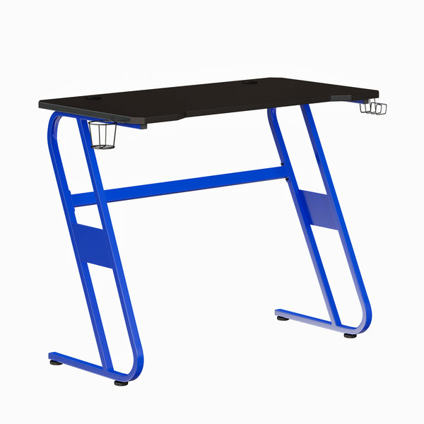 Blue |#| Gaming Desk with Black Laminate Top, Blue Steel Frame-Cupholder-Headphone Hook