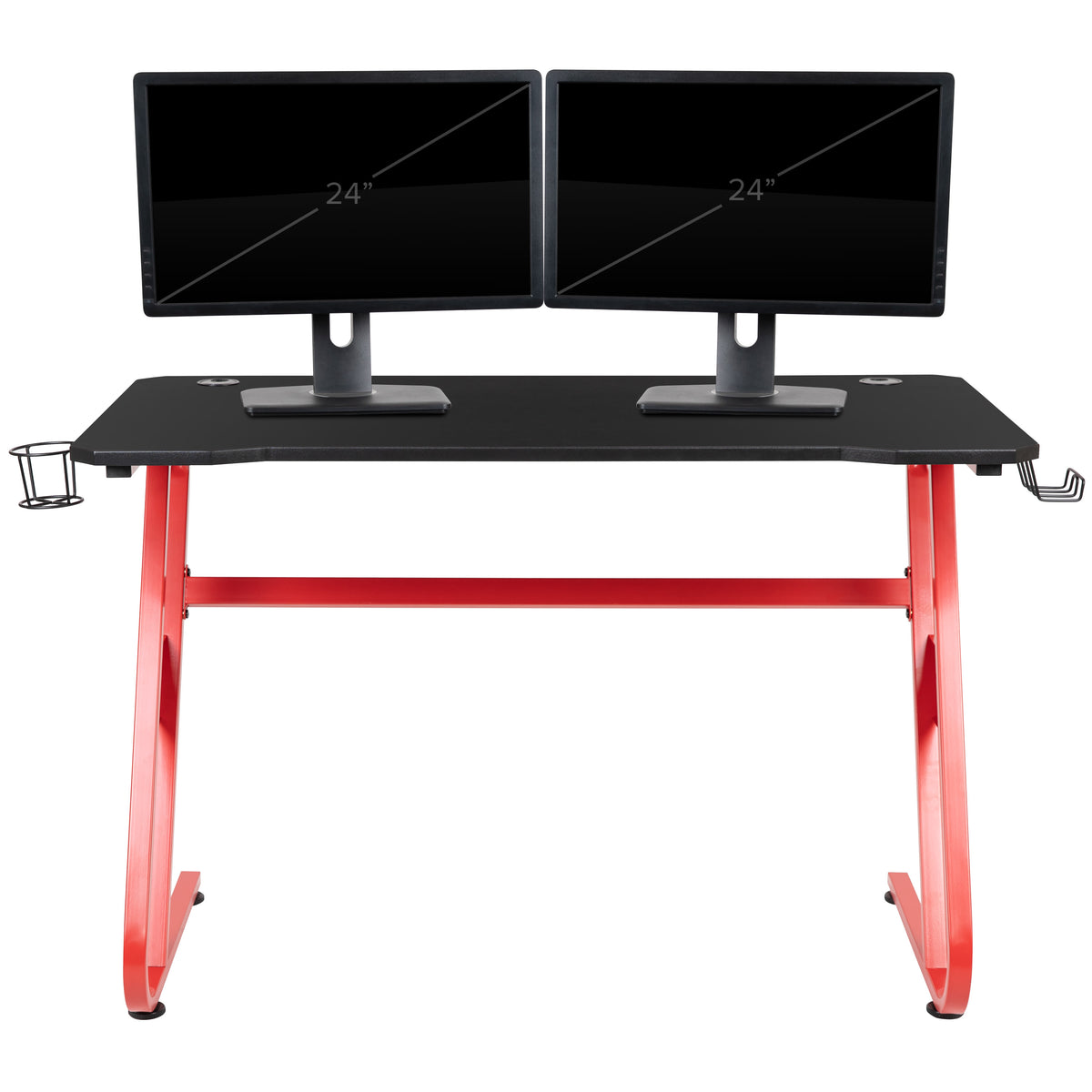 Red |#| Gaming Desk with Black Laminate Top, Red Steel Frame-Cupholder-Headphone Hook
