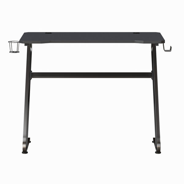 Black |#| Gaming Desk with Black Laminate Top, Black Steel Frame-Cupholder-Headphone Hook