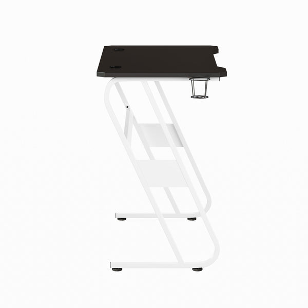 White |#| Gaming Desk with Black Laminate Top, White Steel Frame-Cupholder-Headphone Hook