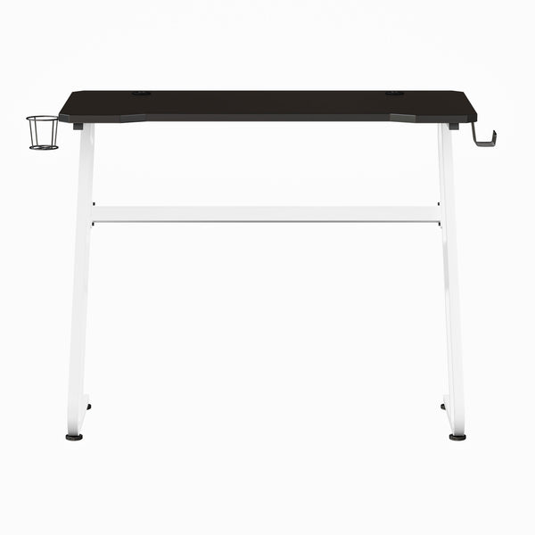 White |#| Gaming Desk with Black Laminate Top, White Steel Frame-Cupholder-Headphone Hook