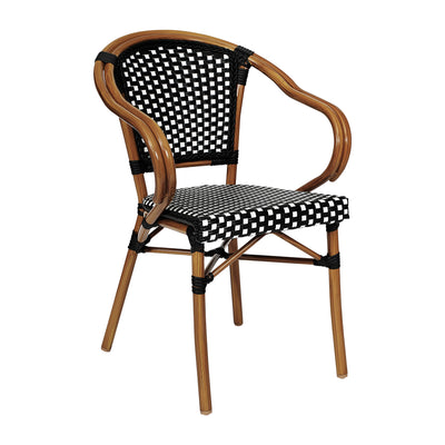 Bordeaux Indoor/Outdoor Commercial French Bistro Stacking Chair with Arms, PE Rattan and Bamboo Print Aluminum Frame