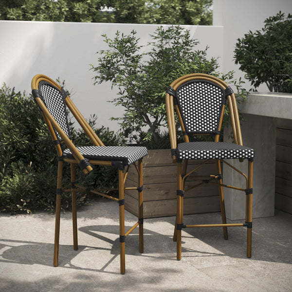 Black & White/Natural Frame |#| 2 Pack All-Weather Commercial Paris Stools with Bamboo Print Frame-Black/White