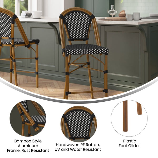 Black & White/Natural Frame |#| 2 Pack All-Weather Commercial Paris Stools with Bamboo Print Frame-Black/White