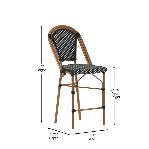 Black & White/Natural Frame |#| 2 Pack All-Weather Commercial Paris Stools with Bamboo Print Frame-Black/White