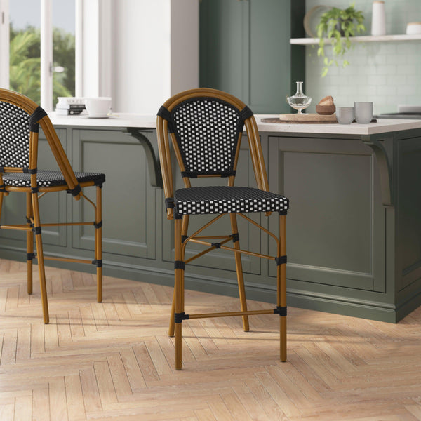 Black & White/Natural Frame |#| 2 Pack All-Weather Commercial Paris Stools with Bamboo Print Frame-Black/White