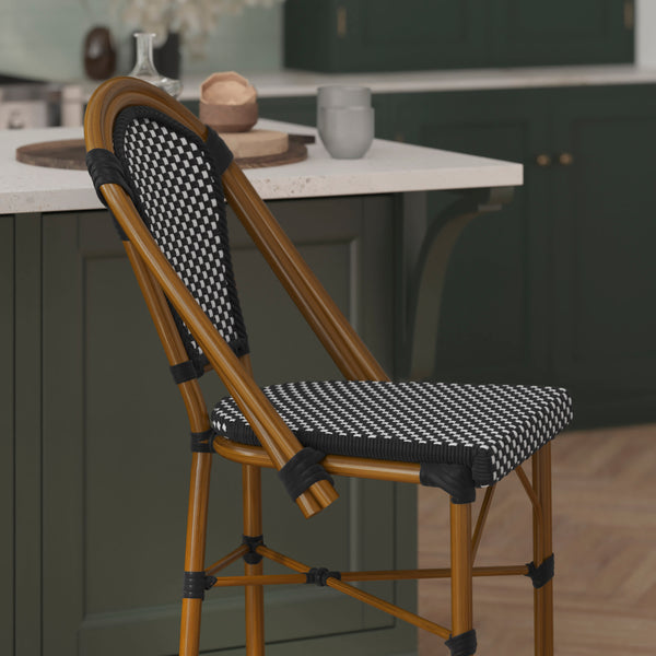 Black & White/Natural Frame |#| 2 Pack All-Weather Commercial Paris Stools with Bamboo Print Frame-Black/White