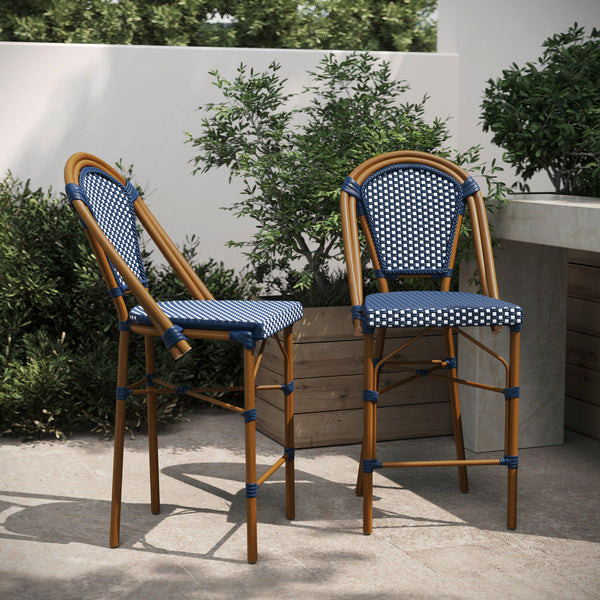 Navy & White/Natural Frame |#| 2 Pack All-Weather Commercial Paris Stools with Bamboo Print Frame-Black/White