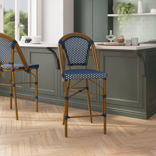 Navy & White/Natural Frame |#| 2 Pack All-Weather Commercial Paris Stools with Bamboo Print Frame-Black/White