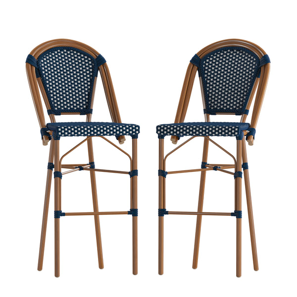 Navy & White/Natural Frame |#| 2 Pack All-Weather Commercial Paris Stools with Bamboo Print Frame-Navy/White