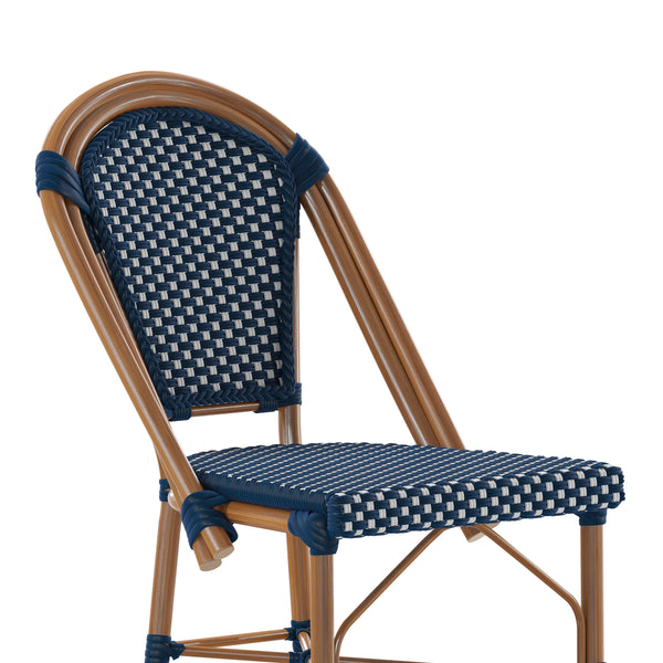 Navy & White/Natural Frame |#| 2 Pack All-Weather Commercial Paris Stools with Bamboo Print Frame-Navy/White