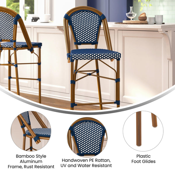 Navy & White/Natural Frame |#| 2 Pack All-Weather Commercial Paris Stools with Bamboo Print Frame-Navy/White