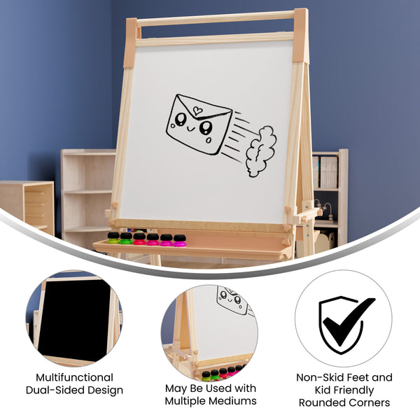 Commercial Wooden Standing Art Easel with Chalkboard & Dry Erase Board-Natural