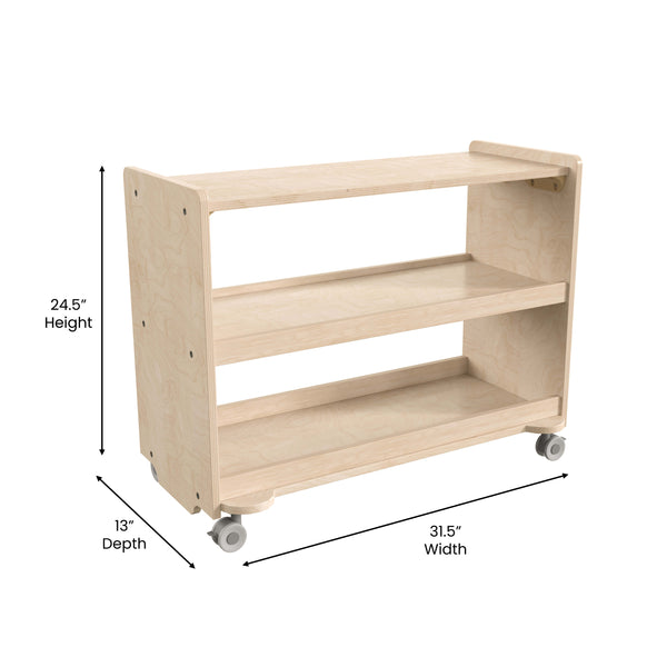 Commercial Grade Natural Finish Wooden Classroom 3 Shelf Mobile Storage Cart