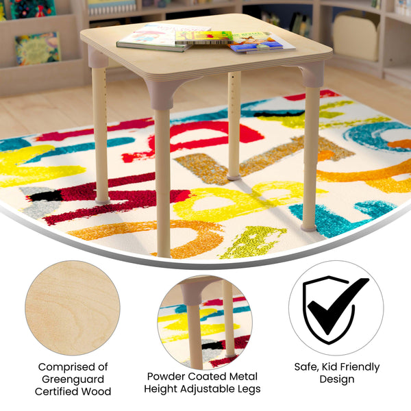 Commercial Grade Adjustable Height Square Wooden Classroom Table - Beech